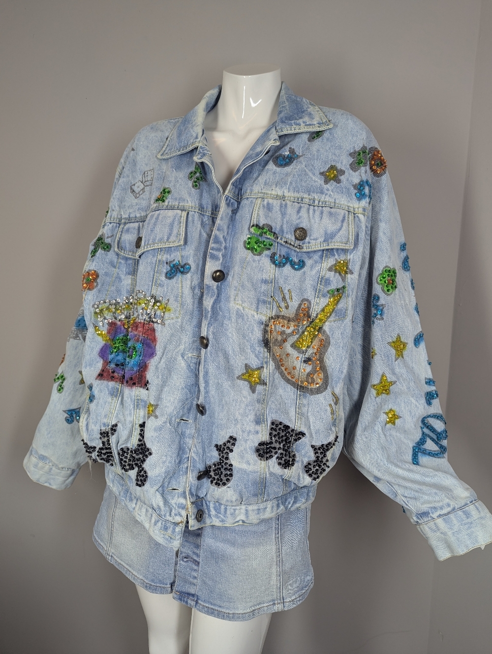 Vintage 1989 JouJou Denim Jacket Hand Painted Embellished Art Jacket Oversized 8